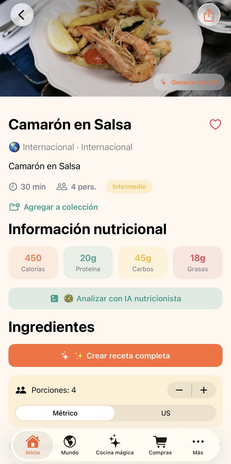 The recipe with its nutritional information